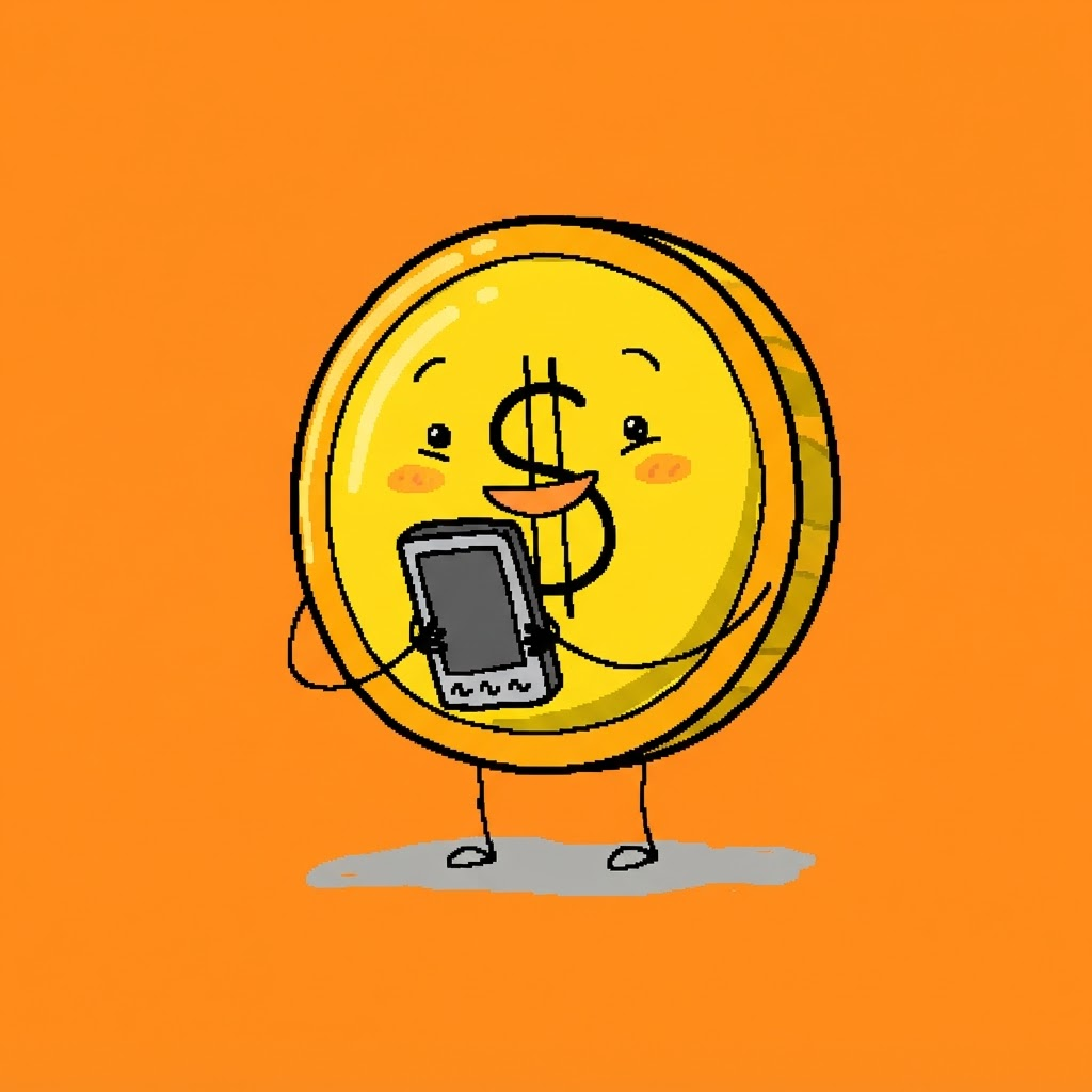 Doodle of a dollar coin with tiny arms holding a phone