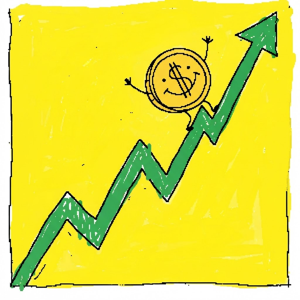 Doodle of a chart going straight up with a smiling coin
