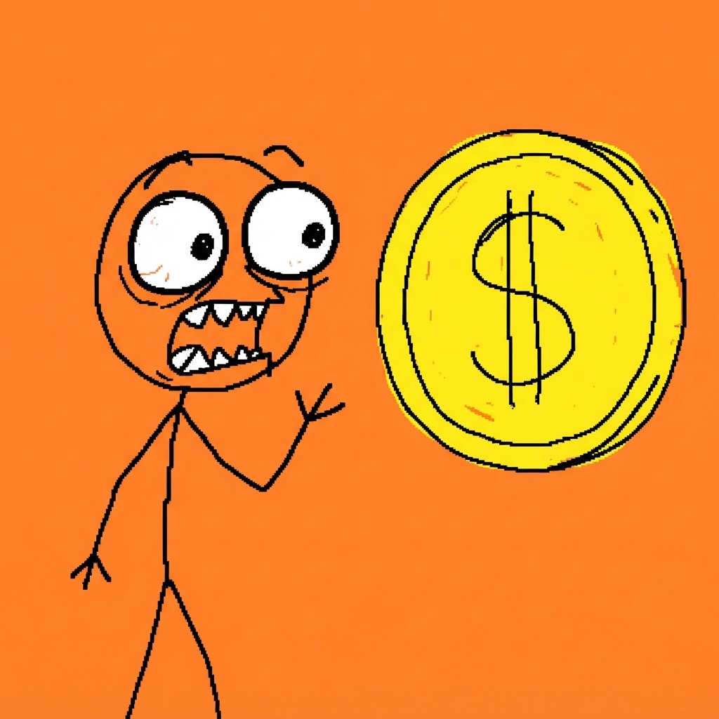 Doodle of a stick figure staring at a giant coin