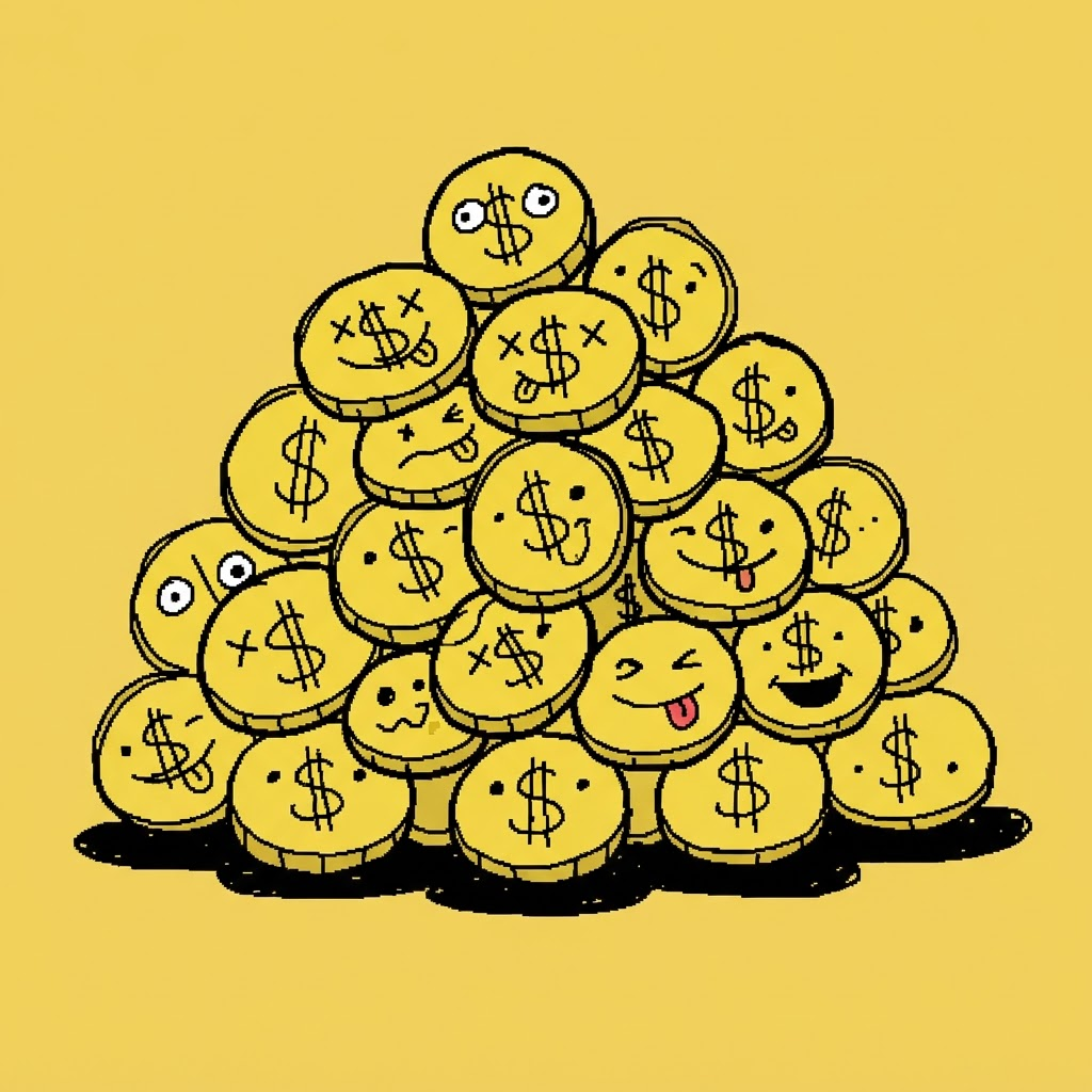 Doodle of a pile of coins with silly faces