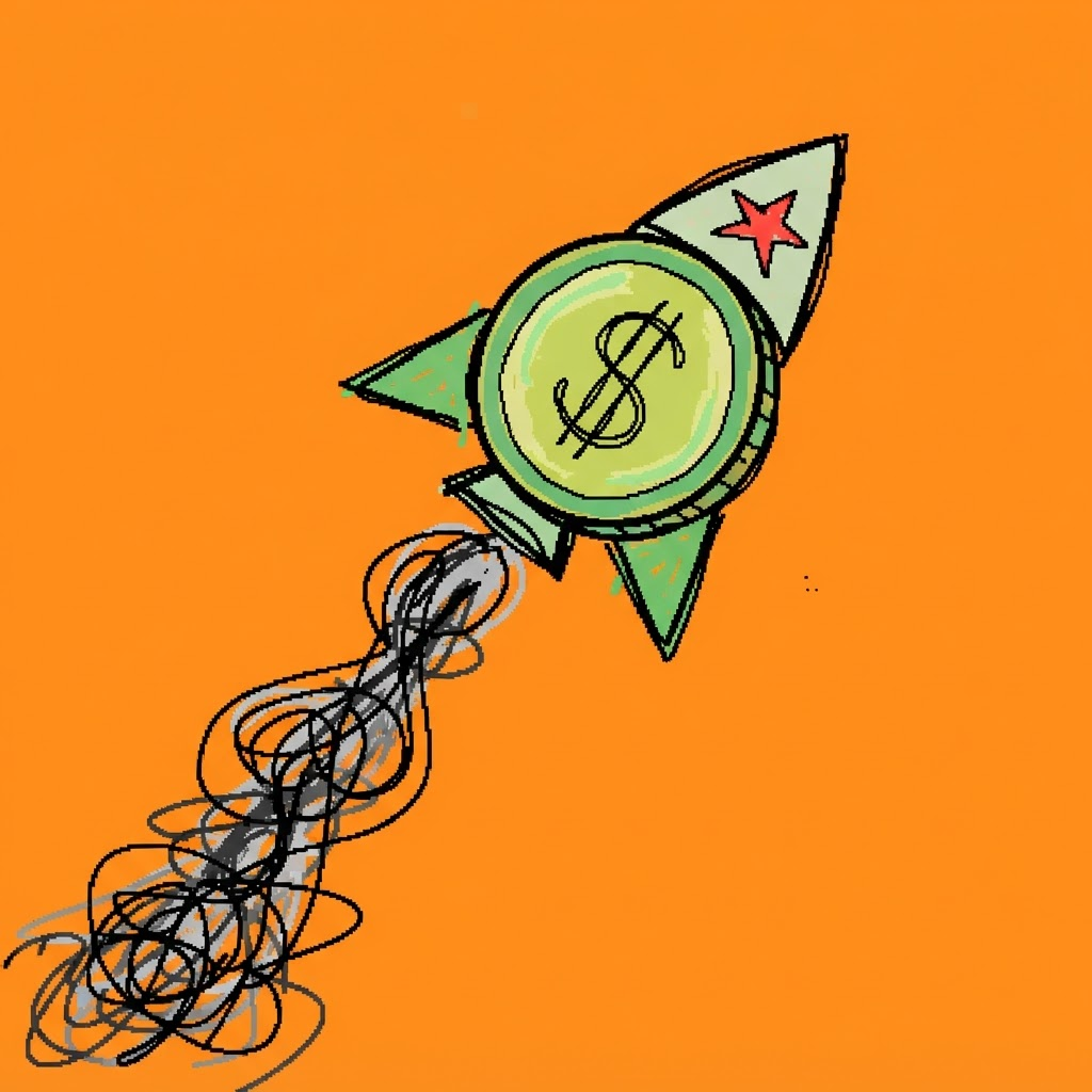 Doodle of a coin flying like a rocket