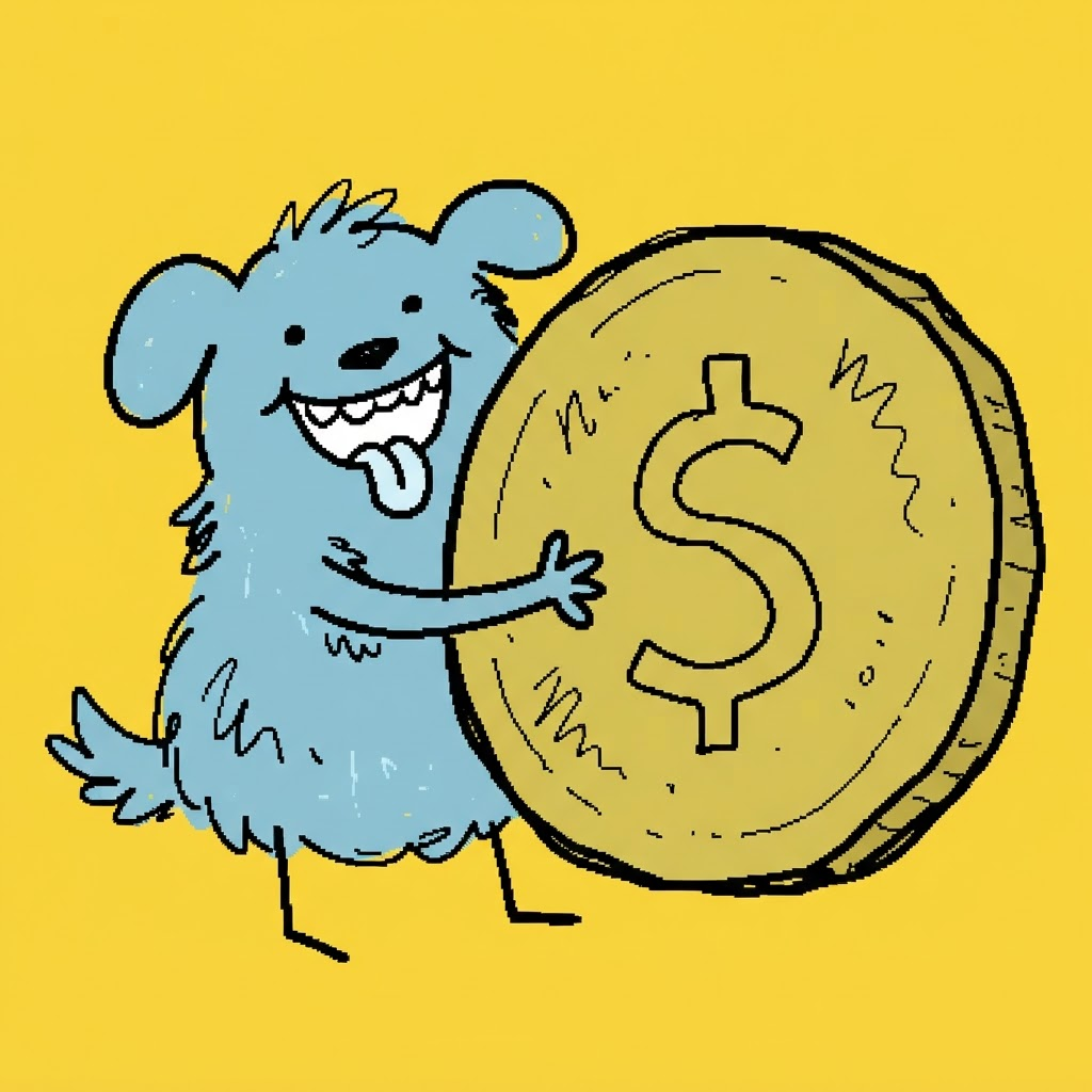 Doodle of a blob creature hugging a giant coin
